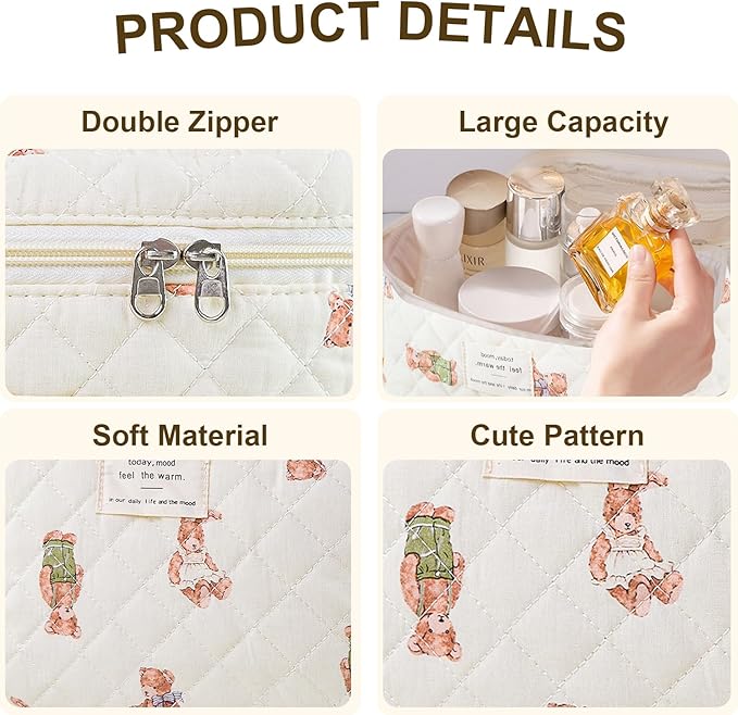 3Pcs Makeup Bag Cotton Quilted Travel Cosmetic Bag Cute Floral Makeup Pouch Large Toiletry Bag for Women Girls