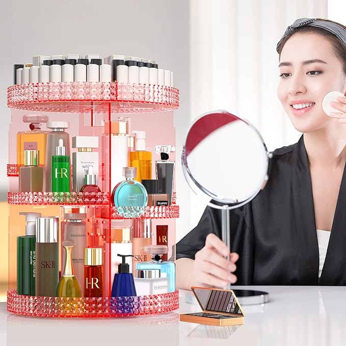 Pink 360 Makeup Organizer Carousel, Makeup Organizer for Vanity, Acrylic Make Up Organizer, Large 7 Layers 360 Makeup Organizer, Fits Makeup Brushes, Lipsticks, Bathroom, Vanity, Plus Size Pink