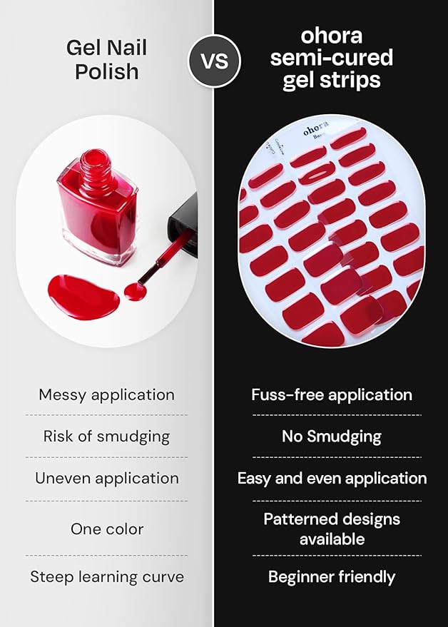 ohora Semi Cured Gel Nail Strips (N Poinsettia) - Red, Patterned, Works with Any UV/LED Lamps, Salon-Quality, Long Lasting, Easy to Apply & Remove - Includes 2 Prep Pads, Nail File & Wooden Stick