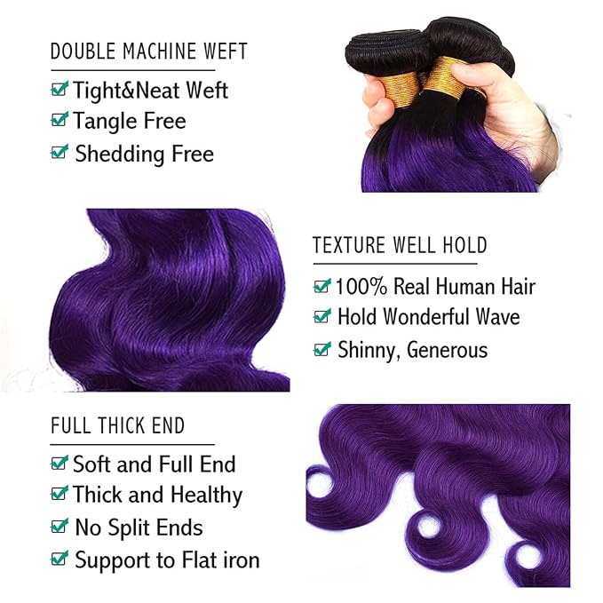 Purple Bundles Body Wave Human Hair Purple Weave 3Bundles with Closure Virgin Hair, Brazilian Remy Hair Ombre 1b/Purple 2 Tone Ombre Hair Wavy for Women(121416w10)