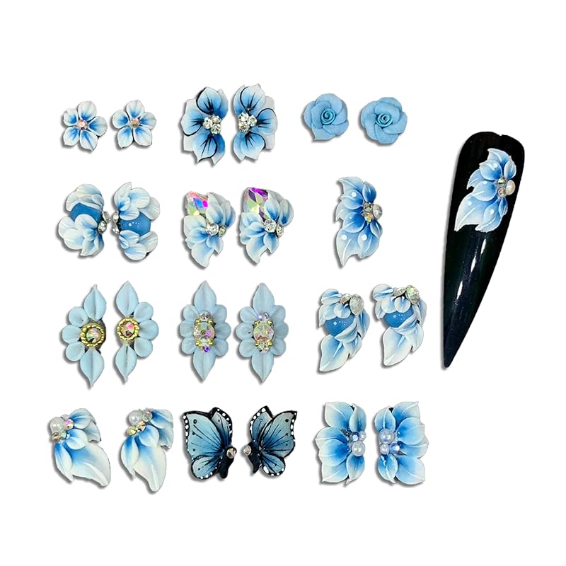 3D Acrylic Blue Flower Nail Art Charms Handmade by Acrylic Powder - 24pcs 3D Flowers For Nail Rhinestones Kit 3D Crystal Nail Pearls Design Acrylic Nail Art for Women (Blue)