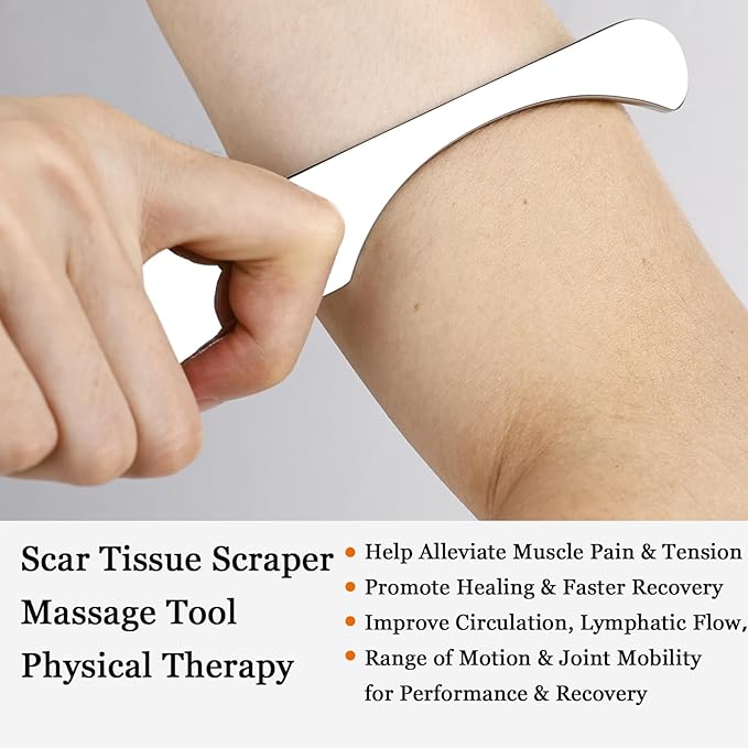 LONGEST Muscle Scraper Tool Scar Tissue Massage Tools Stainless Steel IASTM for Physical Therapy & Plantar Fasciitis (Set 4), Silver, (Set A3)