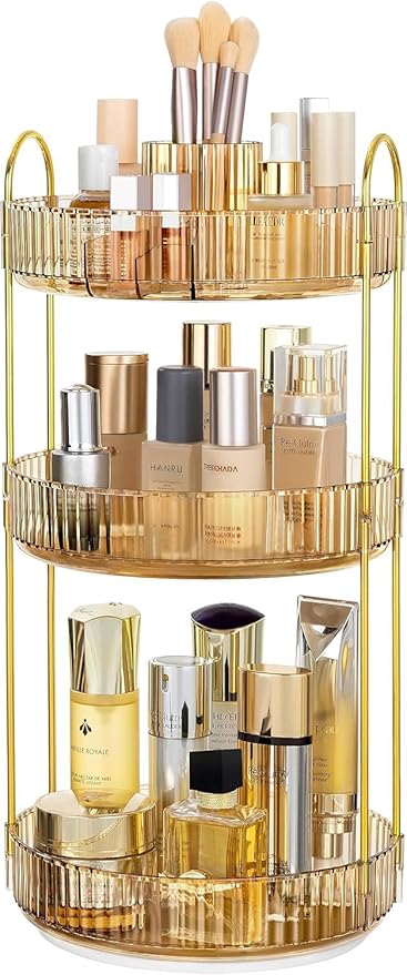 HBlife 360 Rotating Makeup Organizer, 3 Tier Perfume Organizer Skincare Organizer Large Capacity Cosmetic Storage for Bathroom, Vanity, Countertop, Glod