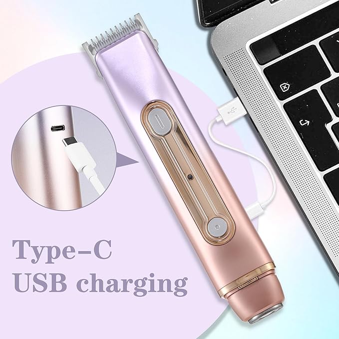 WNJ 2 in 1 Women Electric Shaver - Dual Head Bikini Trimmer - IPX7 Waterproof - Wet & Dry Use - Body Hair Trimmer and Facial Hair Remover for Bikini, Underarm Leg, Private Area, Arm, Body, Face