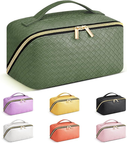 Travel Makeup Bag: Large Capacity Cosmetic Bag for Women, Portable PU Leather Waterproof Stuff Bag With Handle and Divider Flat Lay Makeup Pouch Toiletry Bag Birthday Gift for Women - Green