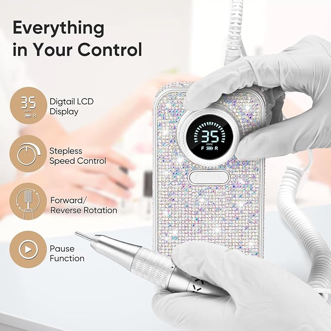 35000RPM Diamond Electric Nail Drill, High Tech Acrylic Fast Removal Cordless Nail Drill with 6 Bits & Sanding Bands for Salon & Home DIY