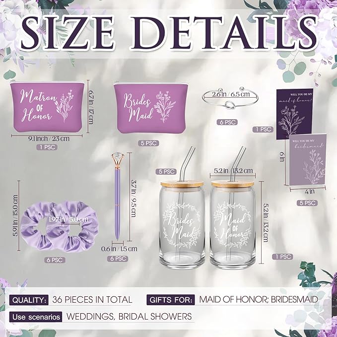Irenare 36 Pcs Bridesmaid Proposal Gifts Bridal Shower Gifts 16 oz Glass Cup Cosmetic Makeup Bags Invited Cards Scrunchies Hair Knotted Bracelets Diamond Pens Favors for Wedding (Purple)