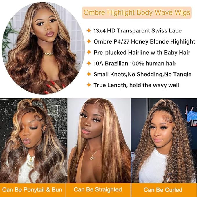 4/27 Highlight Lace Front Wigs Human Hair Ombre Body Wave Human Hair Wigs for Women 13x4 HD Lace Front Wigs Human Hair 180 Density Honey Blonde Wig Human Hair Glueless Wigs Pre Plucked 30 Inch