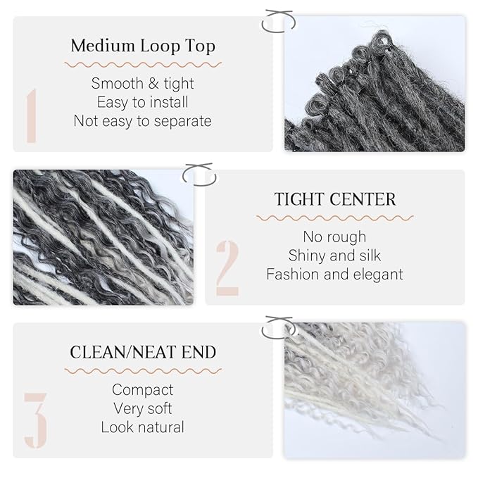 24 Inch 30 Strands SE Dreadlock Extensions Sets，3 In 1 Mixed Synthetic Dreads Extensions, Gray to White Straight&Curly&Boho Handmade Dreads Hippie Style Dreadlocks for Woman