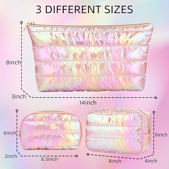 Hiroyuki 3pcs Iridescent Quilted Makeup Bag (plain, pink)