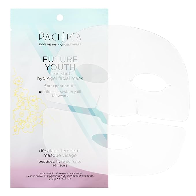 Pacifica Future Youth Time Shift Hydrogel Facial Mask, Multi-Peptide Anti-Aging Sheet Mask for Firming & Plumping, Ultra-Hydrating Serum-Infused Mask for Face & Neck, 100% Vegan