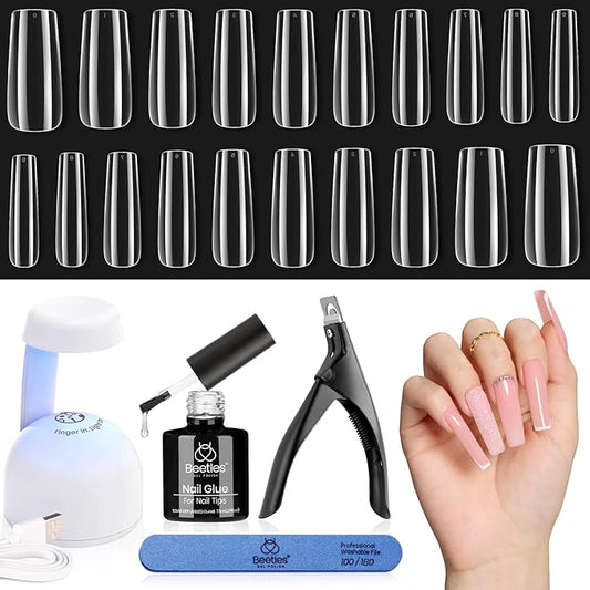 Beetles Gel Nail Kit Easy Extension Set, 240 PCS Long Square Gel Nail Tips Full Cover With 5 In 1 Nail Glue Base Gel and Innovative Uv Led Lamp Easy DIY Gift for Women