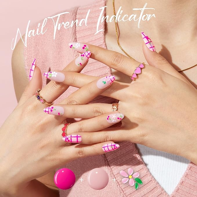 Modelones Summer Gel Nail Polish Kit with U V Light, White Jelly Glitter Hot Pink Neon Pastel Manicure Set, Base Top Coat Flower Stickers 4 Colors Gel Mini Salon Spring Nail Art Starter Gift for Women