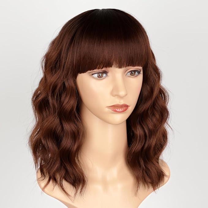AISI HAIR Synthetic Wavy Curly Bob Wig with Bangs Ombre Reddish Brown Short Hair Wigs for Women Synthetic Heat Resistant Bob Wigs
