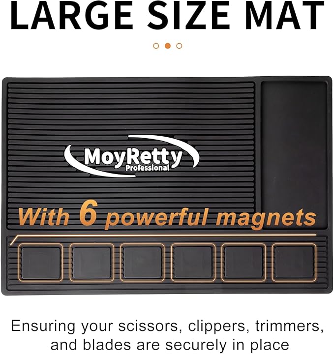 MoyRetty Magnetic Barber Mat for Clippers, (18.9" x 12.6") 6 Strong Magnetic Organizer Stations for Heavy Clippers and Trimmers, Professional Barbers Anti-Skid Rubber Mat(Black)