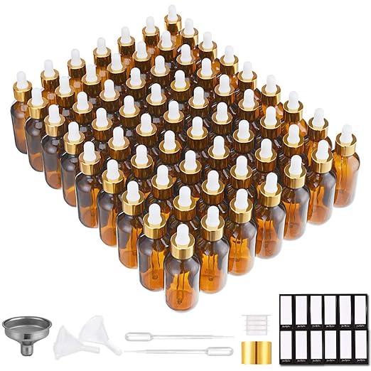 PrettyCare Eye Dropper Bottle 2 oz (63 Pack Amber Glass Bottles 60ml with Golden Caps, 2 Extra Eye Droppers, 120 Labels, 10 Funnel & Measured Pipettes) Empty Tincture Bottles for Essential Oils