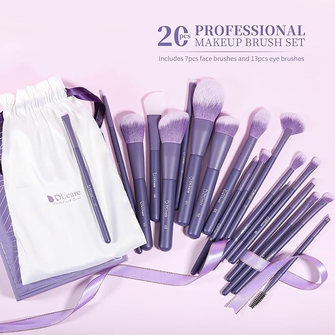 DUcare Makeup Brushes Professional 20Pcs Purple Makeup Brush set with Silicone Face Mask Brush Kabuki Foundation Blending Powder Blush Concealers Eyeshadows Brushes
