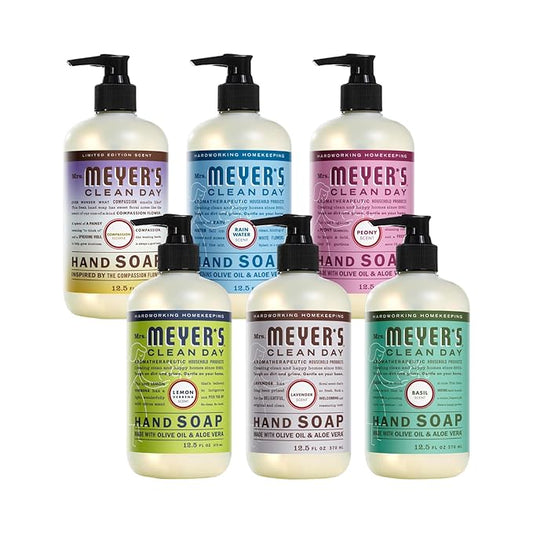 MRS. MEYER'S CLEAN DAY Liquid Hand Soap 6 Pack Variety, includes 1 Compassion Flower, 1 Rain Water, 1 Peony, 1 Lemon Verbena, 1 Lavender and 1 Basil Hand Soap, 12.5 OZ Each, 1 CT