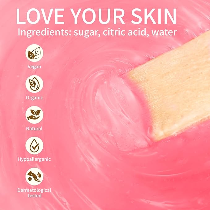 Sugar Wax Kit for Sensitive Skin: 300g/10.6oz Organic Sugaring Paste for Bikini Brazilian Hair Removal - Includes 20 Wax Strips & 10 Sticks (Rose)