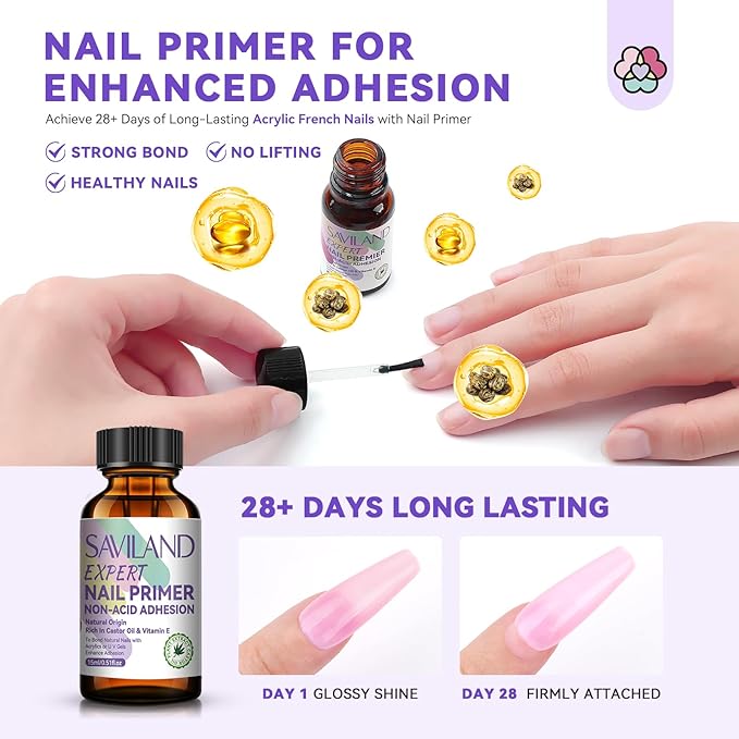 SAVILAND Acrylic Nail Kit: Keratin Acrylic Powder with Castor Oil Vitamin E Nail Primer Nail Glue French Tips Pink Rhinestones Complete Tools Everything for Beginners DIY Home Salon Christmas Gift