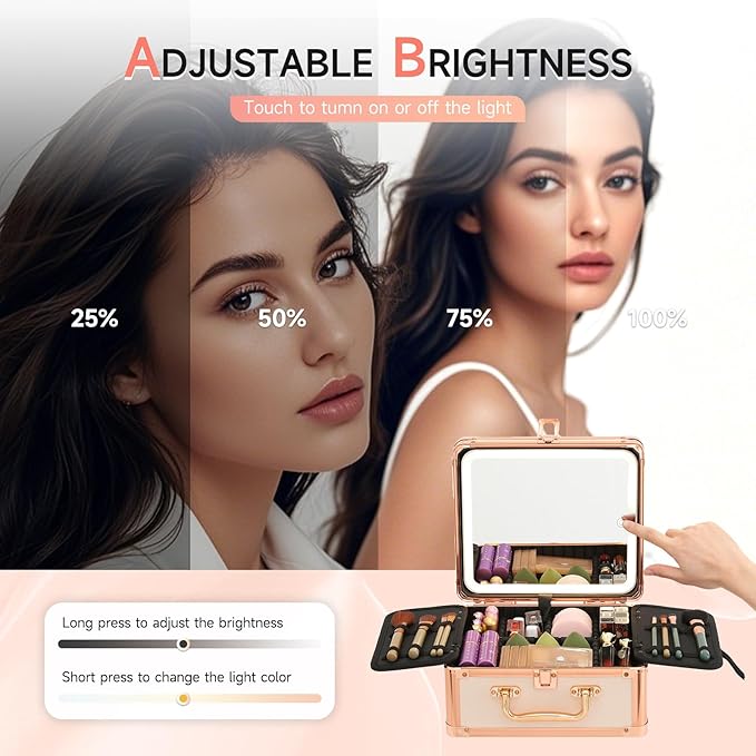 Leeora&Leekoo Makeup Box with LED Mirror & Aluminum Frame, Compact Multi-Layer Cosmetic Organizer - Portable ABS Travel Train Case for Makeup Storage(Gift for Girlfriend/Daughter) (Off white)