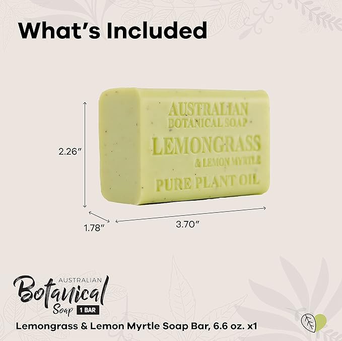 Australian Botanical Soap Lemongrass and Lemon Myrtle 6.6 oz Triple Milled Luxury Soap Bar Enriched with Shea Butter and Natural Oils, Pack of 1