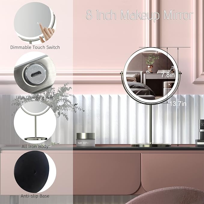 8" Lighted Vanity Mirror with Lights, 1X/10X Magnifying Makeup Mirror, Double Sided 360 Swivel USB Rechargeable, 3 Color Lights, Gifts for Women Mom Teen Girls