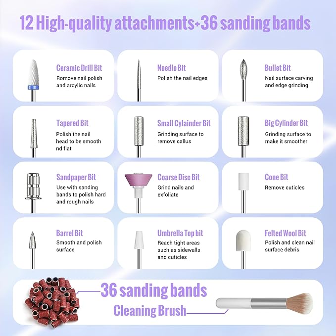 Cordless Electric Nail Drill Machine, 13 in 1 Nail File Kit 35000RPM Professional Portable Rechargeable E File for Acrylic Polish Gel Removal Manicure Pedicure Set with 5 Speeds DN-2402