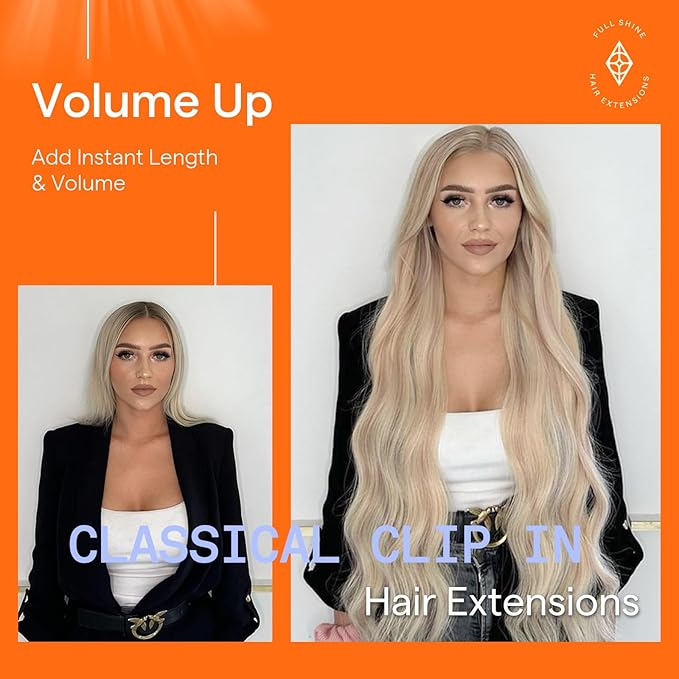 Full Shine Clip in Human Hair Extensions Highlights 12 Inch Ash Blonde Mix Platinum Blonde Clip in Extensions Natural Remy Straight Hair Extensions 7 Pcs 95 G