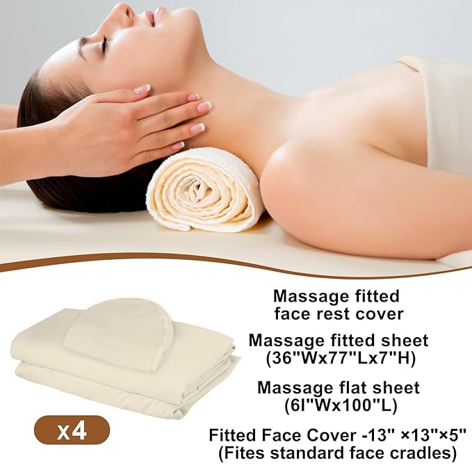 4 Sets Premium Microfiber Massage Table Sheets Set 3 Piece Set Includes Massage Table Cover Fitted Sheet and Fitted Face Rest Cover, Beige
