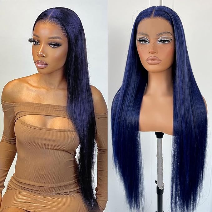 13x6 Dark Blue Straight HD Lace Front Wig Pre-Plucked Glueless Long Straight Blue Lace Front Wigs Synthetic Wear and Go Lace Front Wigs