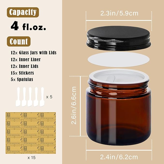 4 oz Glass Jars with Lids,Amber,12 Pack Empty Cosmetic Containers with Inner lids and Inner Liners,Black Metal Lids,Refillable Round Airtight Jars,Use to store Lotion,Powders,Candle Making