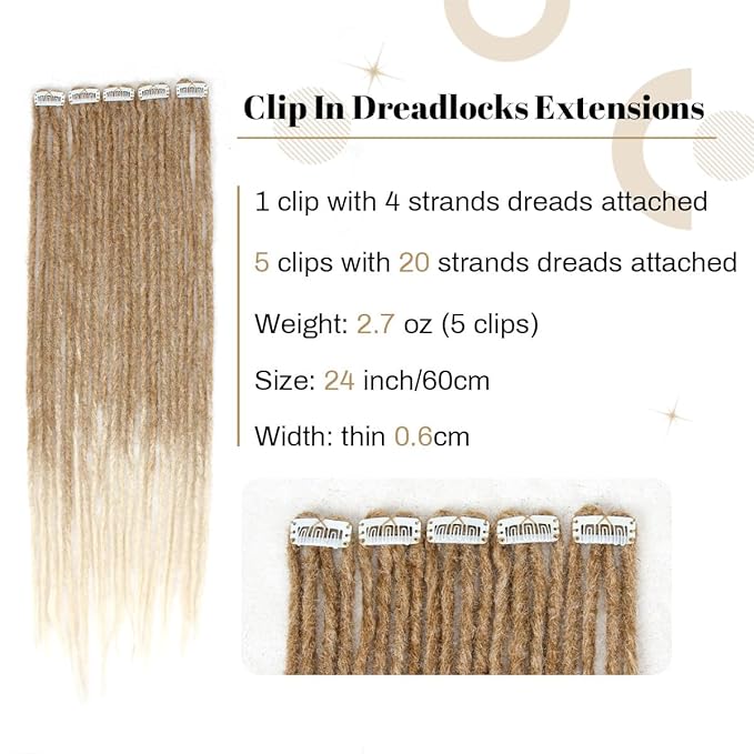 5 PCS Clip In Dreadlock Extensions, 24 inch 20 Strands Ombre Brown Synthetic Clip In Dreads Extensions for Woman