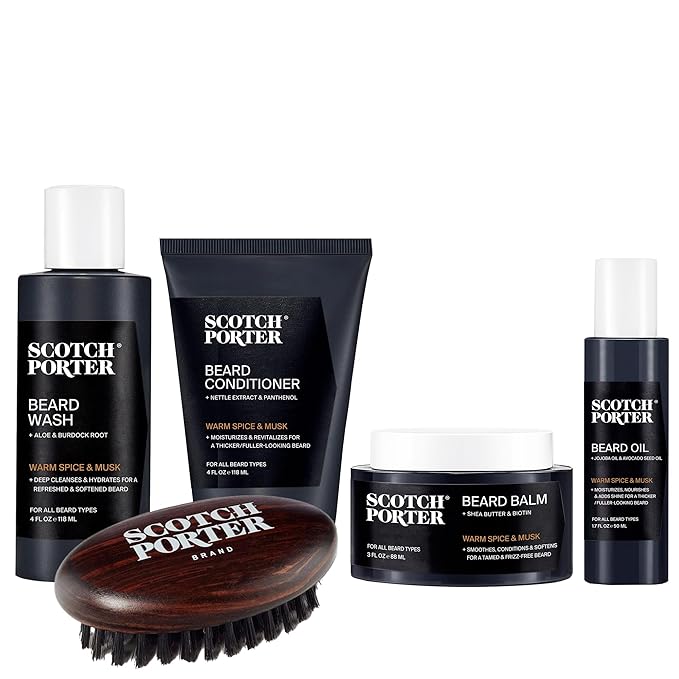 Scotch Porter Beard Care Kit – Cleanse, Moisturize, Soothe & Style Coarse, Dry Hair while Encouraging Growth for a Fuller/Healthier-Looking Beard – Includes Wash, Conditioner, Oil, Balm & Brush