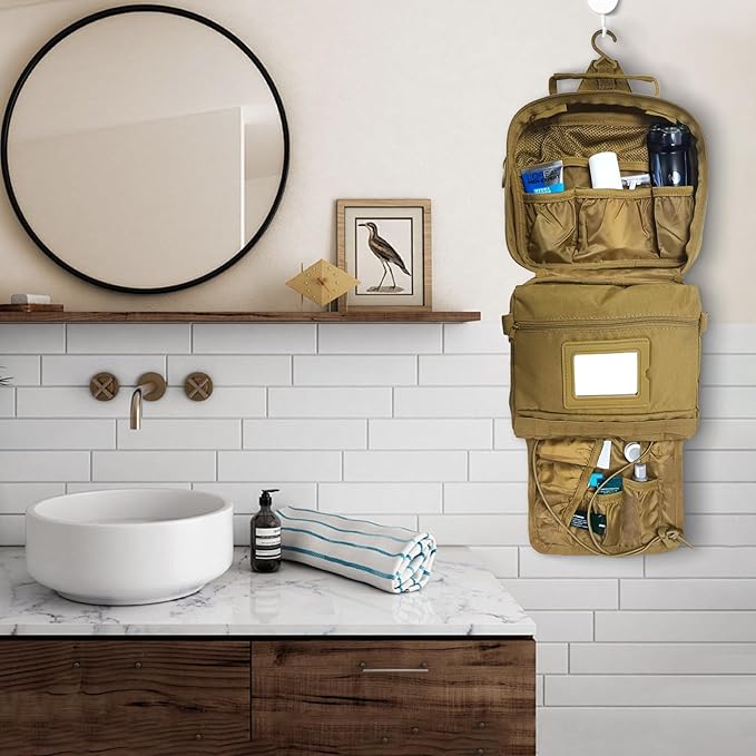 VELVEBAG Mens Toiletry Travel Bag Hanging Toiletry Bag for Toiletry Bag Shaving Bag for Men Travel for Cosmetic,Toiletries,Accessories Khaki