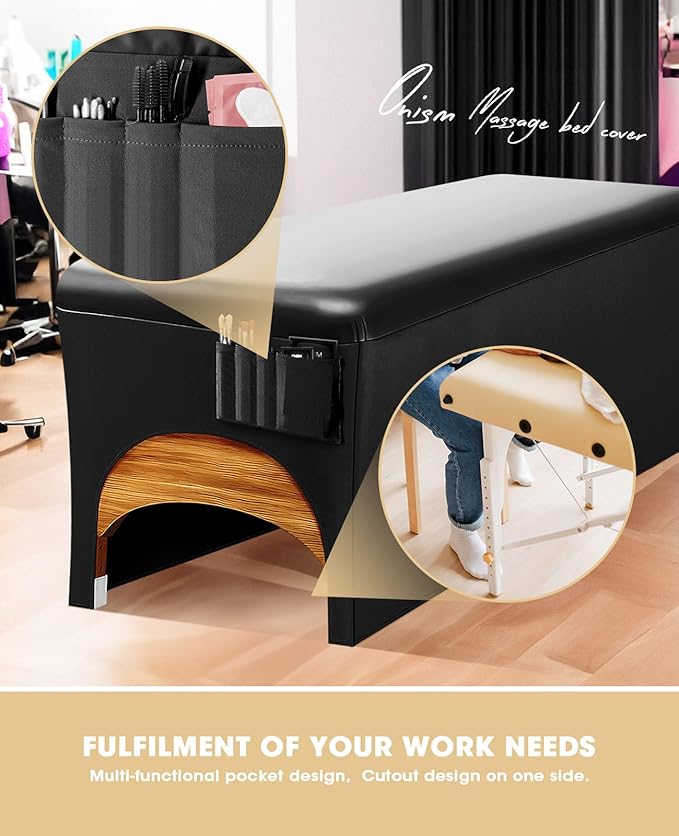 Onism Lash Bed Cover, Wipeable PU Leather Massage Table Cover with Storage Pocket, Waterproof Soft Comfortable Lash Table Cover for Eyelash Extension, Perfect for Salon Spa Tattoo, Black