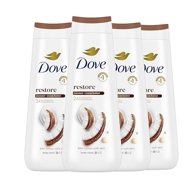 Dove Body Wash Restoring Coconut & Cocoa Butter 4 Count for Renewed, Healthy-Looking Skin Gentle Skin Cleanser That Effectively Washes Away Bacteria While Nourishing Your Skin 20 oz