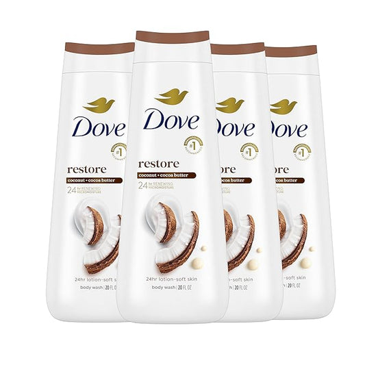 Dove Body Wash Restoring Coconut & Cocoa Butter 4 Count for Renewed, Healthy-Looking Skin Gentle Skin Cleanser That Effectively Washes Away Bacteria While Nourishing Your Skin 20 oz