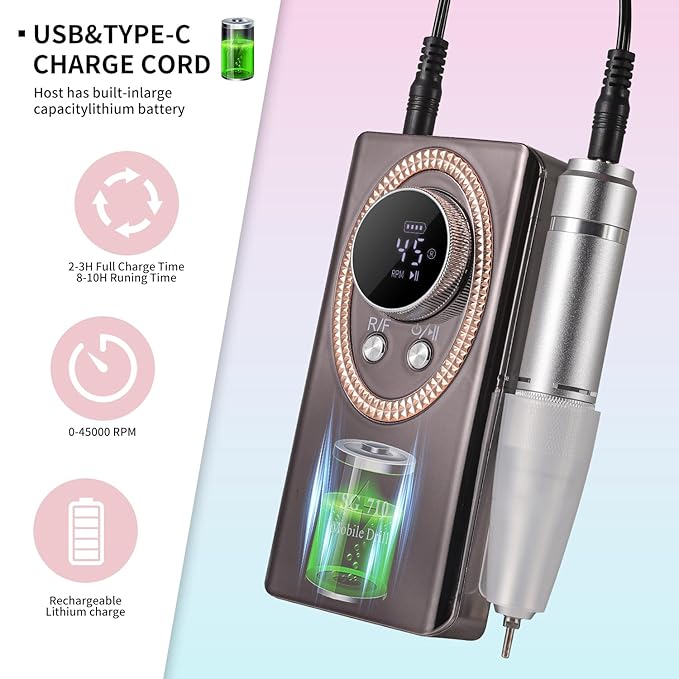 LimeGirl Electric Nail File for Acrylic Nail Kit, 45000RPM Nail Drill Professional Manicure Pedicure Set with Nail Drill Bits, Efile Nail Drill Rechargeable, 2024 Upgraded Drill para uñas (Black)