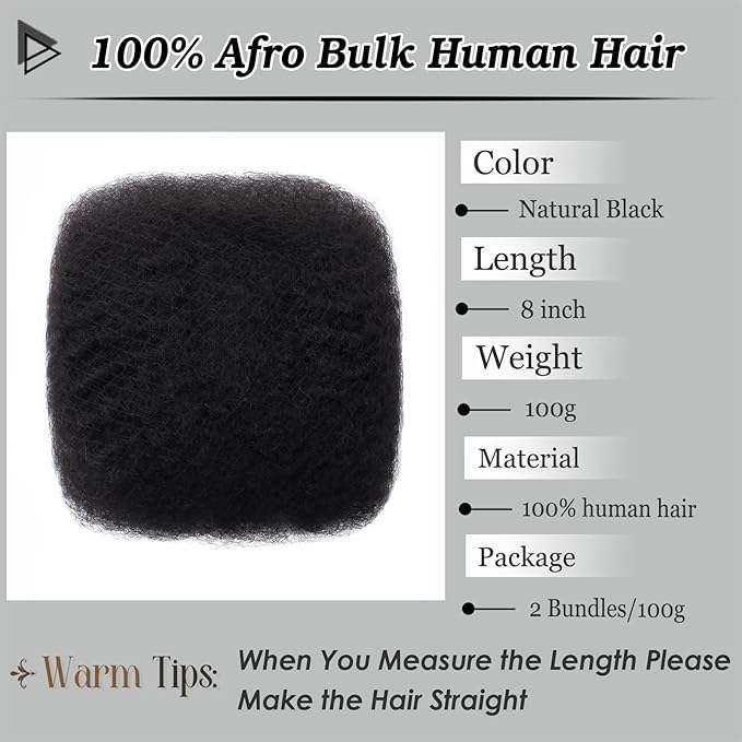 Afro Kinkys Bulk Human Hair 8 Inch 100g Nature Black Afro Kinky Curly Human Hair Bulk for Dreadlock Extensions, Micro Locs, Braiding Twists, Braids and Repair Locs(8 Inch, 1b#)
