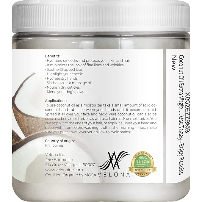 Velona USDA Certified Organic Coconut Oil Extra Virgin - 8 fl oz | Food and Cosmetic Grade | in jar | Extra Virgin, Cold Pressed