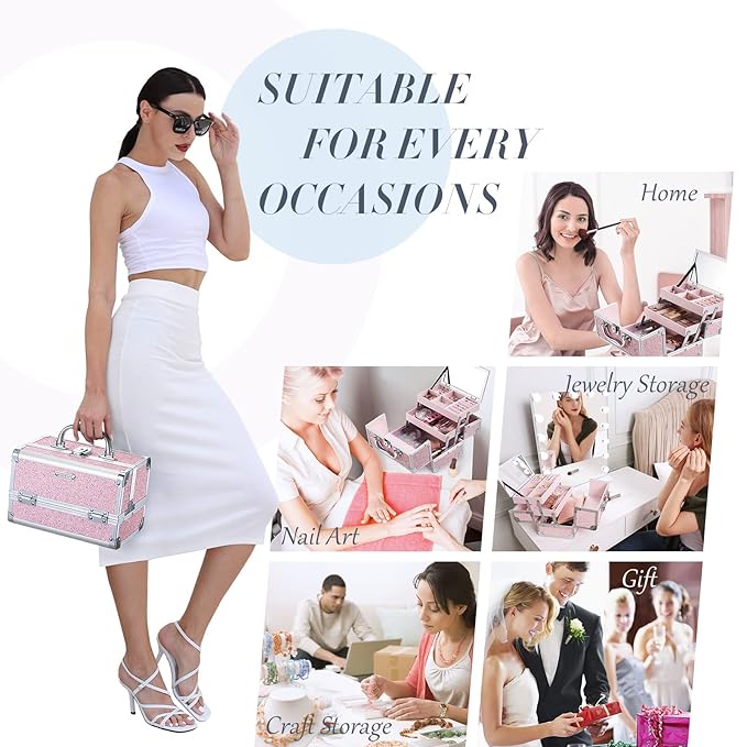 FRENESSA Makeup Case Organizer Portable Makeup Train Case Cosmetic Box with Mirror Jewerly Tray for Artist Nail Supplies Make Up Cases Organizers and Storage Vanity Cases Pink