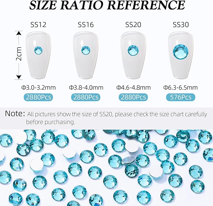 Aquamarine Flatback Rhinestones, Glass Rhinestones for Nail Art and Craft, Glue Fix, Loose Crystal Gemstones(Aquamarine, SS30, 576pcs, 6.4-6.6mm)
