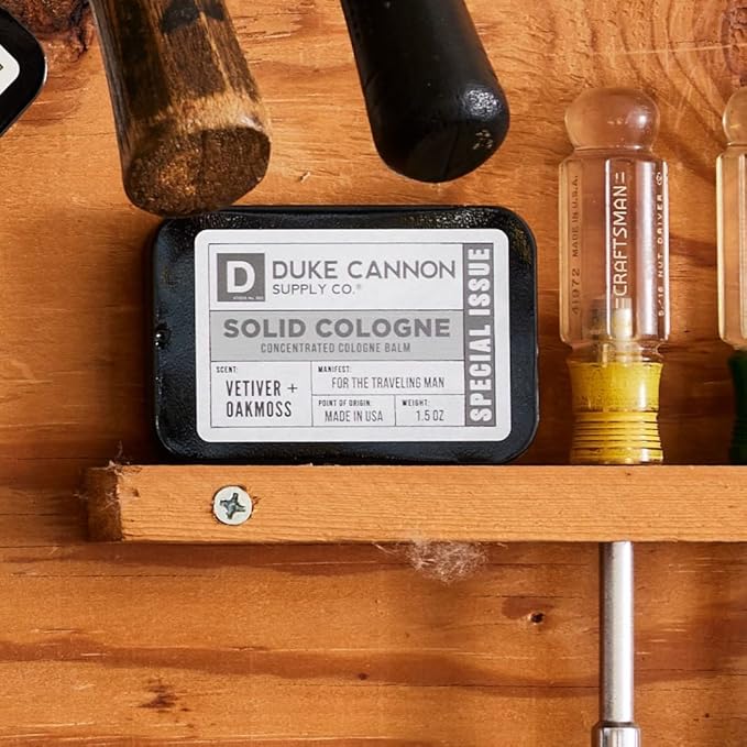 Duke Cannon Supply Co. Solid Cologne for Men Special Issue Vetiver and Oakmoss (Fresh Air, Sandalwood) - Concentrated Balm, Travel-Friendly Tin, 1.5 oz
