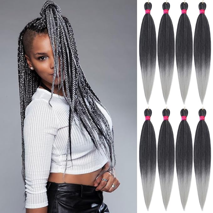 Pre-stretched Braiding Hair, Original Braid Hair Extensions, Hot Water Setting Crochet Hair Braids, Yaki Texture Easy Braiding Hair(28''-8packs, 1b/silver)