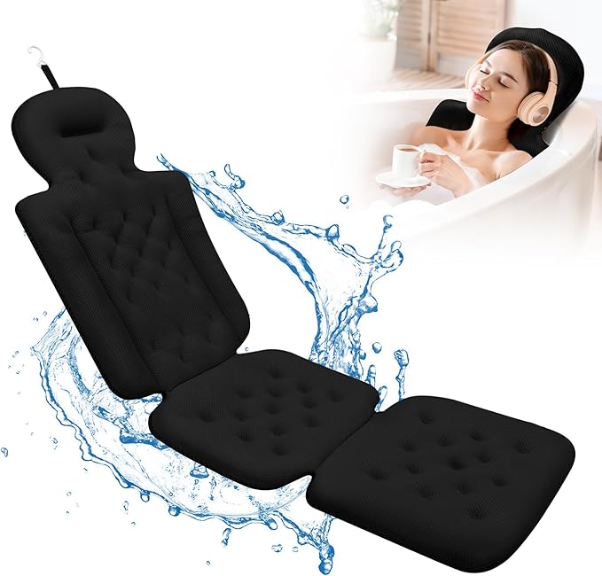 Full Body Bath Pillow, Luxury Bath Cushion with 192 Suction Cups, Bath Pillows for Tub for Head and Neck Support, with Laundry Bag Black, 51" x 16"