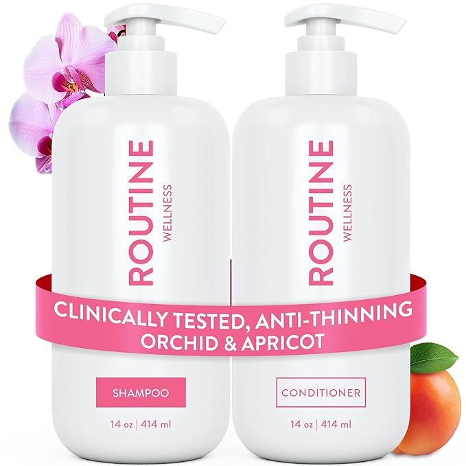 Routine Wellness Anti-Thinning Shampoo and Conditioner Set for Thinning Hair - Biotin DHT Blocker Women & Men - Color Safe Shampoo for Hair Loss & Healthier Hair - Orchid & Apricot (Pack of 2)