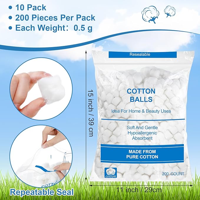 2000 Pcs Soft Cotton Ball Bulk Organic Medium Cotton Ball for Absorbent Multipurpose Pure Nail Polish Remover Makeup Removal First Aid Face Crafting Cleaning Skin Applying Lotion