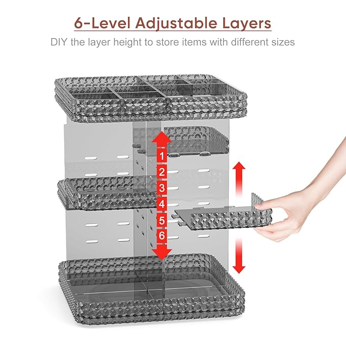 Makeup Organizer 360 Rotating Cosmetic Organizer, DIY Adjustable Makeup Carousel Spinning Holder Rack, Large Capacity Cosmetic Display Cases Vanity Countertop Fits Makeup Brushes Lipsticks (Grey)