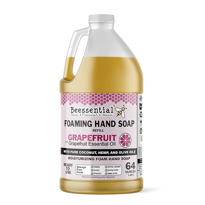 Beessential All Natural Bulk Foaming Hand Soap Refill, 64 oz Grapefruit | Made with Moisturizing Aloe & Honey - Made in the USA